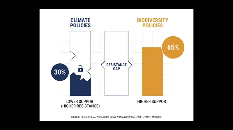 Survey data indicates that hierarchical worldviews are strongly linked to lower support for climate measures, but this resistance softens for biodiversity conservation.