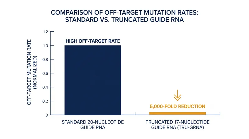 Truncating the guide RNA to 17 nucleotides reduces off-target cleavage events by up to 5,000-fold.