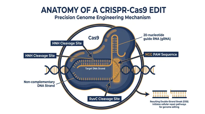 Cleavage occurs exactly three base pairs upstream of the PAM sequence, driven by the HNH and RuvC nuclease domains.