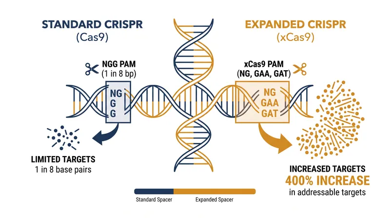 Engineered Cas9 variants like xCas9 recognize alternative PAM sequences, quadrupling the number of editable genomic loci.