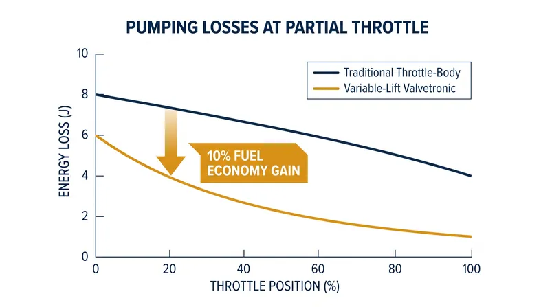 Variable lift systems eliminate the throttle plate, significantly reducing pumping losses at cruising speeds.