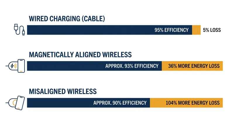 Even with perfect magnetic alignment, wireless charging requires significantly more energy from the wall to fill a battery.