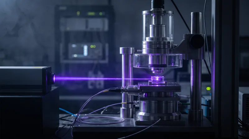 A modern fluorescence microscope in a dark laboratory with a bright laser beam illuminating the sample stage.