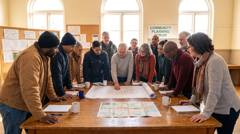 A diverse group of community members gathered around a table looking at a map.