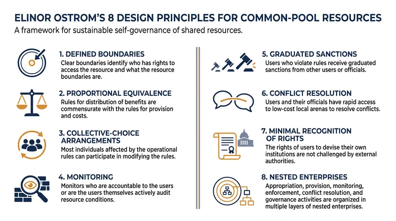 The eight design principles required to sustain a common-pool resource.