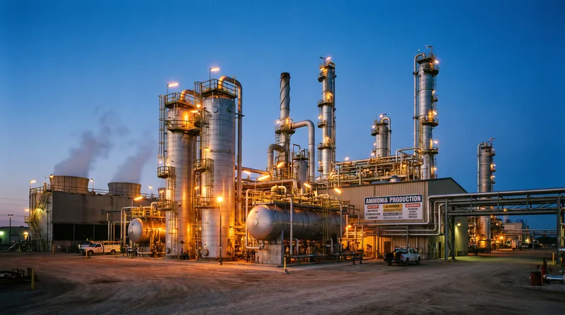A large industrial facility with steel towers, pipes, and pressure vessels illuminated at dusk.