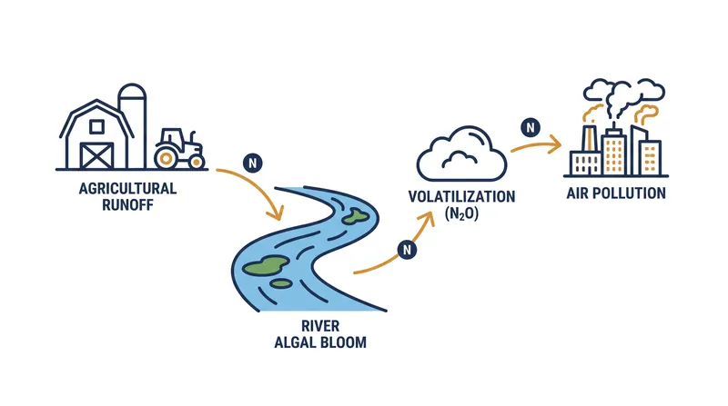 The nitrogen cascade demonstrates how unabsorbed reactive nitrogen causes sequential environmental impacts across water, soil, and air.