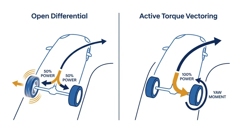 By sending power to the outside wheel, active differentials physically pivot the vehicle into a turn.