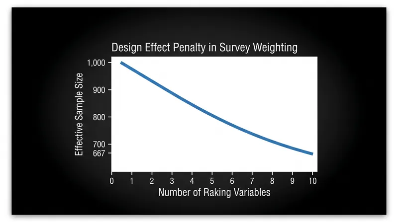 Adding variables to a raking model reduces bias but increases the design effect, lowering the effective sample size.