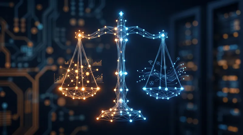 A conceptual digital scale balancing glowing data points, representing the mathematical weighting of survey demographics.