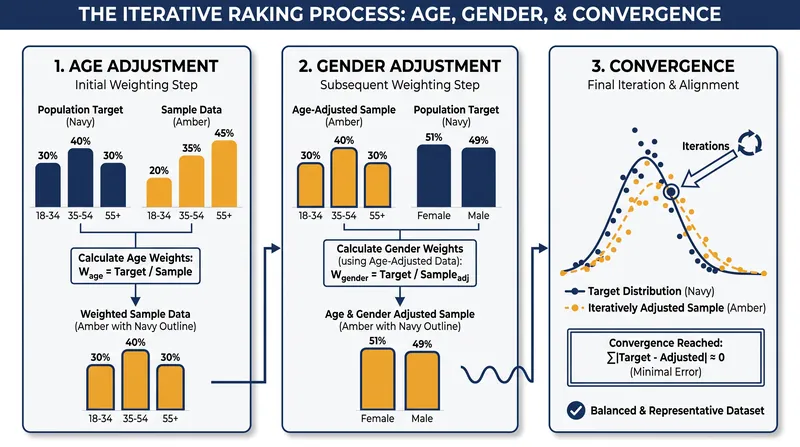 The algorithm loops through demographic variables, adjusting weights until the sample matches population margins.