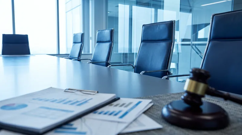 A modern corporate boardroom table with financial documents and empty leather chairs.