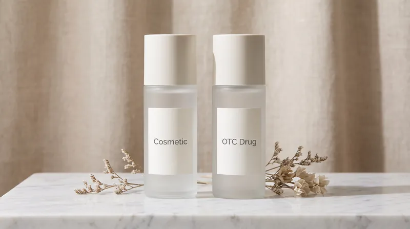 Two identical skincare bottles on a marble counter, one labeled Cosmetic and the other OTC Drug.