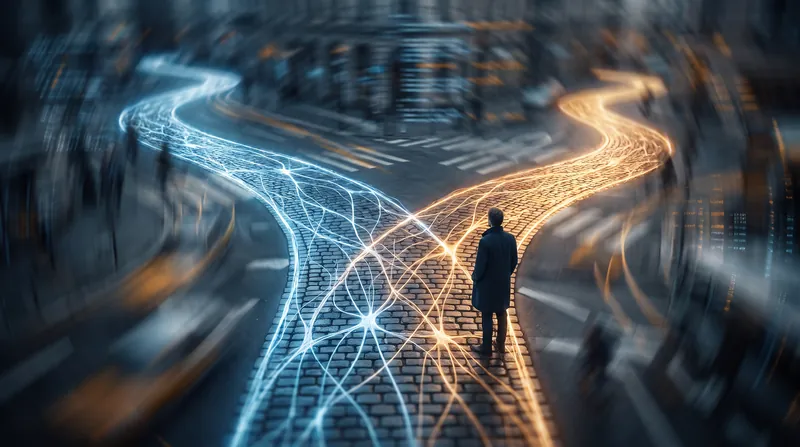 A conceptual visualization showing a single sharp path diverging from a chaotic, blurred background.