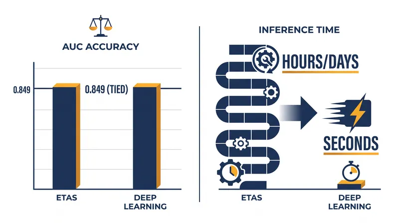 While deep learning matches the predictive accuracy of traditional statistical models, its primary advantage is computational speed.