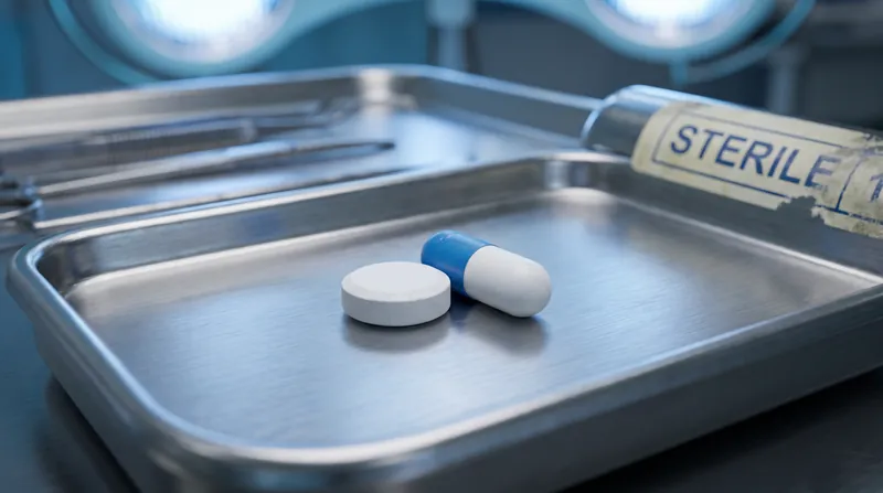 Two distinct clinical pills resting on a sterile stainless steel medical tray under laboratory lighting.
