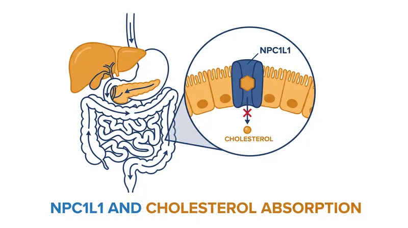 Ezetimibe binds to the NPC1L1 transporter in the small intestine, blocking the absorption of dietary cholesterol.