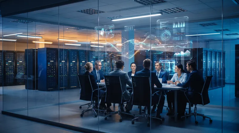 A modern enterprise data center or corporate boardroom with abstract digital data overlays representing privacy.