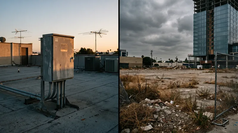 A split-screen illustration showing a small utility box on a roof alongside a large undeveloped commercial lot.