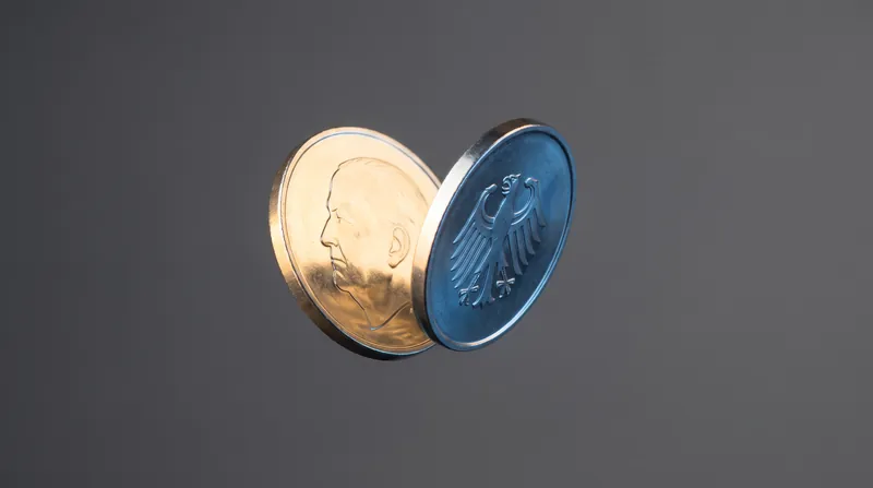 A silver coin suspended in mid-air mid-flip against a clean studio background.