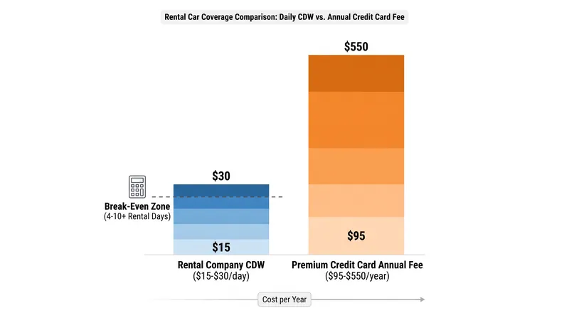 For travelers who rent cars frequently, the annual fee of a premium card is often offset by the savings on daily CDW charges.