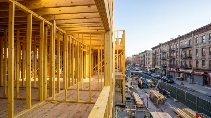 A newly framed multi-family residential building under construction in a dense urban neighborhood.
