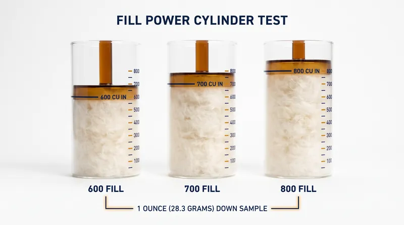 The standard IDFB cylinder test measures the exact volume that one ounce of down can occupy under a weighted piston.
