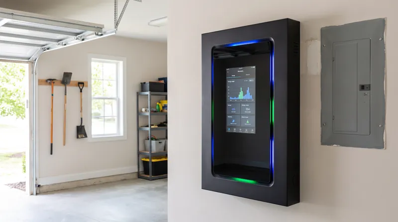 A sleek, modern smart electrical panel with a glass front and glowing LED indicators mounted on a garage wall.