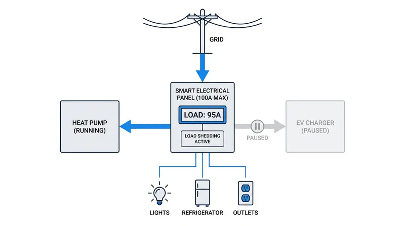 Load shedding automatically pauses non-essential circuits during peak demand, preventing the main breaker from tripping.