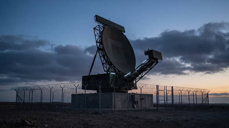 A large military early-warning radar dish positioned behind a fortified border fence at dusk.