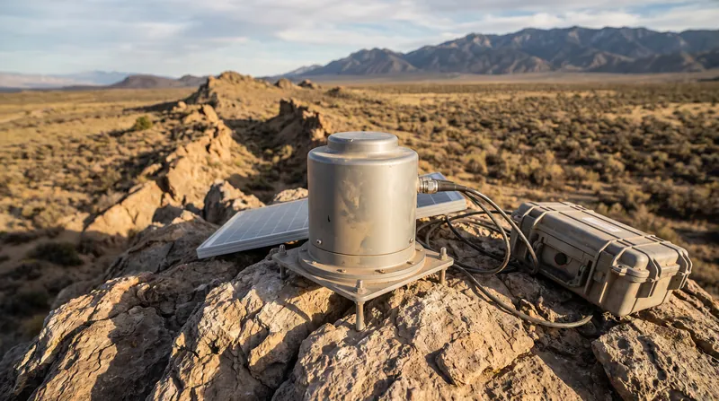 A modern broadband seismometer installed on a rocky outcrop with geological fault lines in the background.
