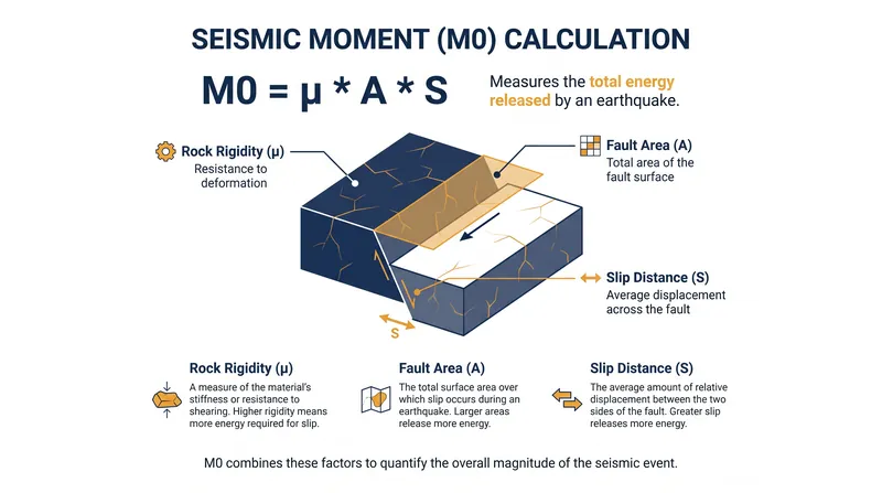 The seismic moment (M0) is calculated by multiplying the rigidity of the rock, the area of the fault, and the distance it slipped.