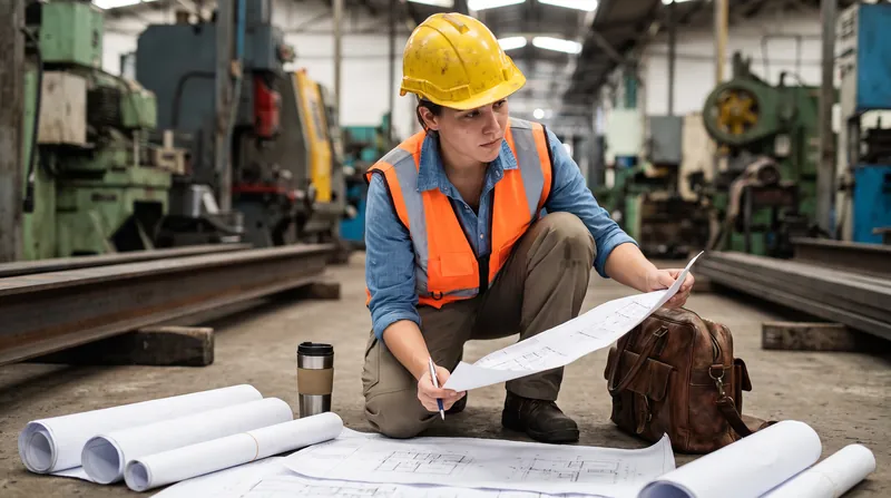 A young professional in a hard hat and high-vis vest reviews blueprints on a manufacturing floor.