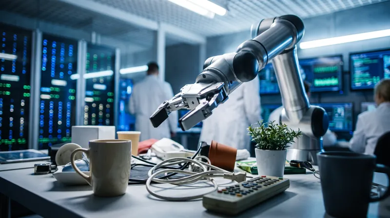 A modern robotic arm reaching toward a cluttered table of household objects in a laboratory setting.