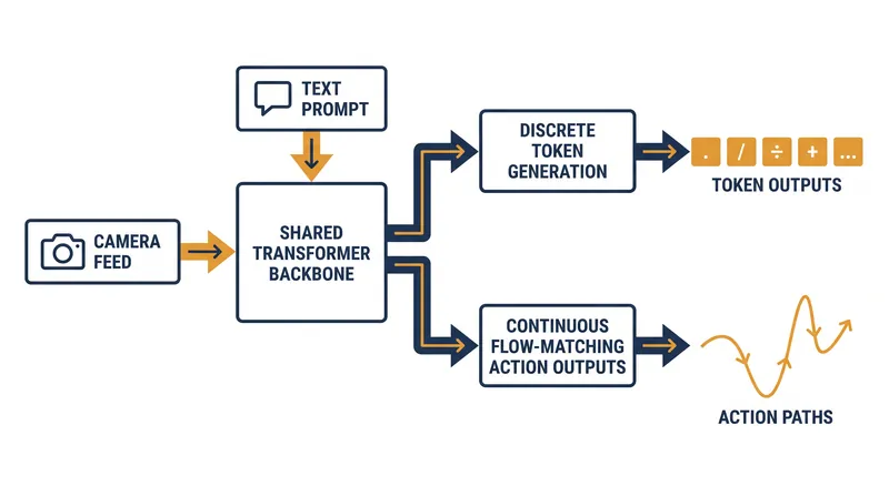 How VLA architectures translate sensory inputs into either discrete text tokens or continuous physical trajectories.