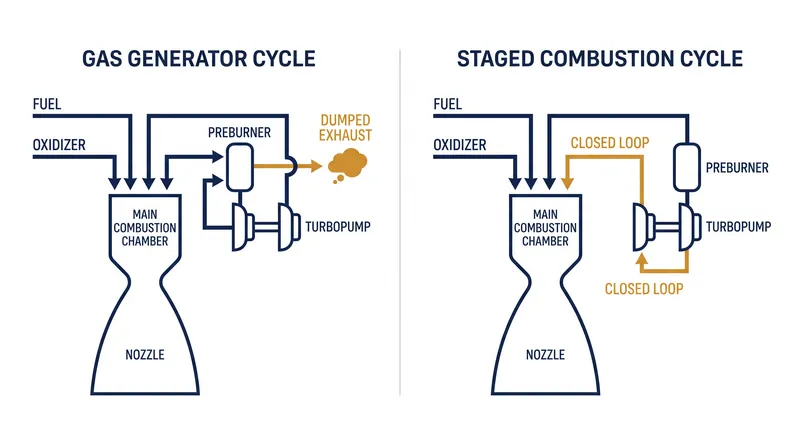 Gas generator cycles vent turbine exhaust overboard, while staged combustion forces it into the main chamber to generate additional thrust.
