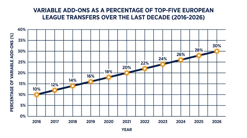 The share of total transfer fees tied to conditional performance add-ons has tripled over the last decade in Europe's top five leagues.