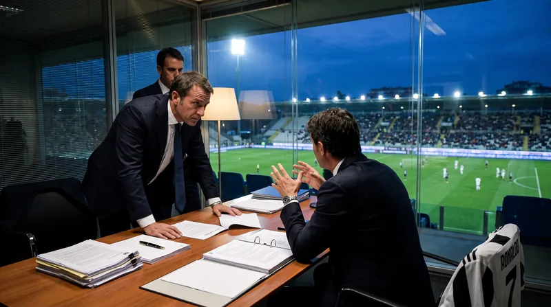 A luxury stadium executive suite featuring a glass table with contract documents and a pen overlooking a soccer pitch.