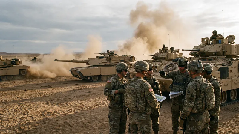 Soldiers in modern combat gear coordinating near armored vehicles during a military training exercise in a desert.