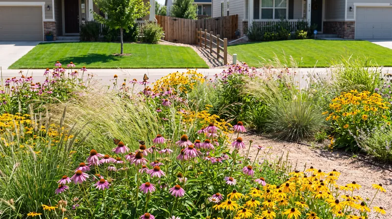 A front yard filled with tall native grasses and colorful wildflowers next to a plain grass lawn.