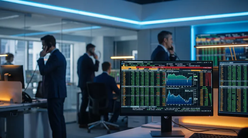 A glowing financial terminal displaying ETF market data and order books on a trading floor.