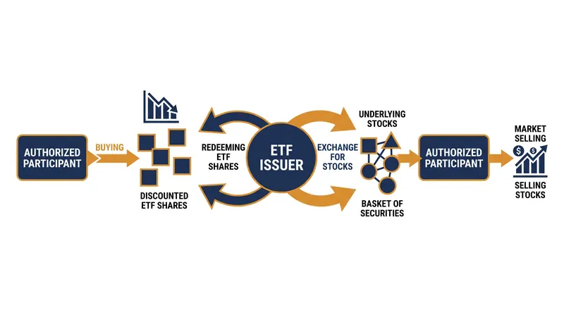 The redemption mechanism contracts ETF share supply to eliminate market discounts.