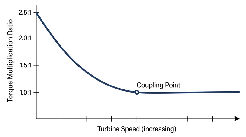 Torque multiplication is highest at stall speed and drops to a 1:1 ratio as the vehicle accelerates.