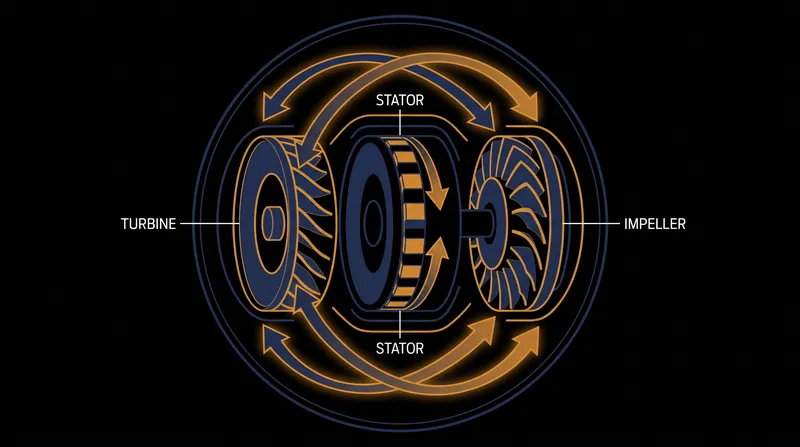The stator redirects returning fluid to assist the impeller, multiplying torque at low speeds.