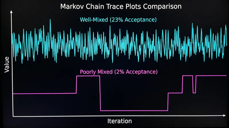A well-tuned proposal distribution (top) explores the space efficiently, while a poorly tuned one (bottom) freezes in place.