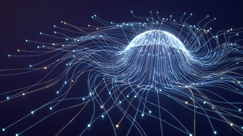 A conceptual data visualization showing a connected path of glowing points clustering densely around a central peak.