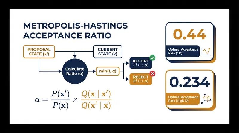 The algorithm's efficiency relies on tuning the proposal variance to hit specific mathematical acceptance thresholds.