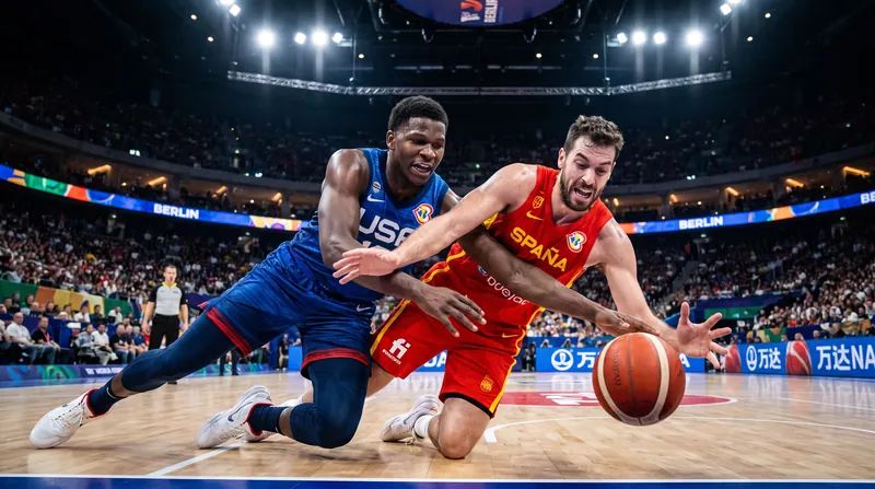 USA and Spain women's national basketball team players competing on the court at the FIBA World Cup in Berlin.