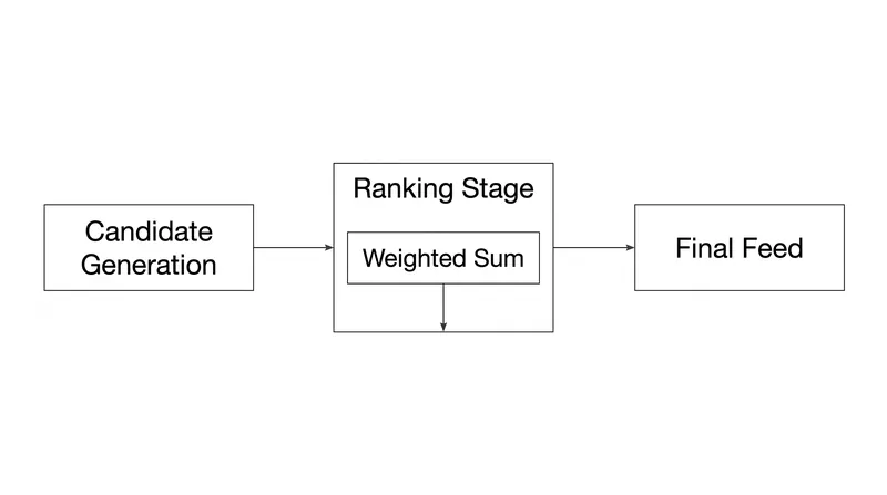 The weighted sum is applied during the final ranking stage, after the system has narrowed down thousands of potential posts.