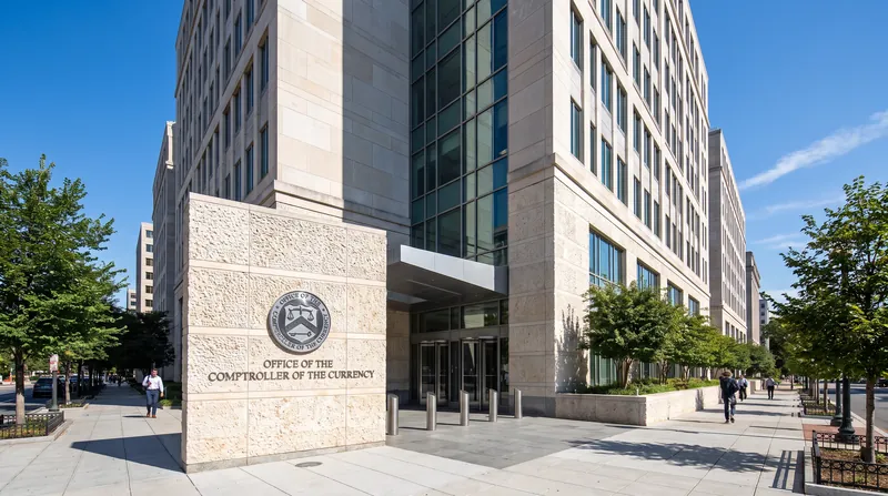 Exterior view of the Office of the Comptroller of the Currency headquarters building in Washington D.C.